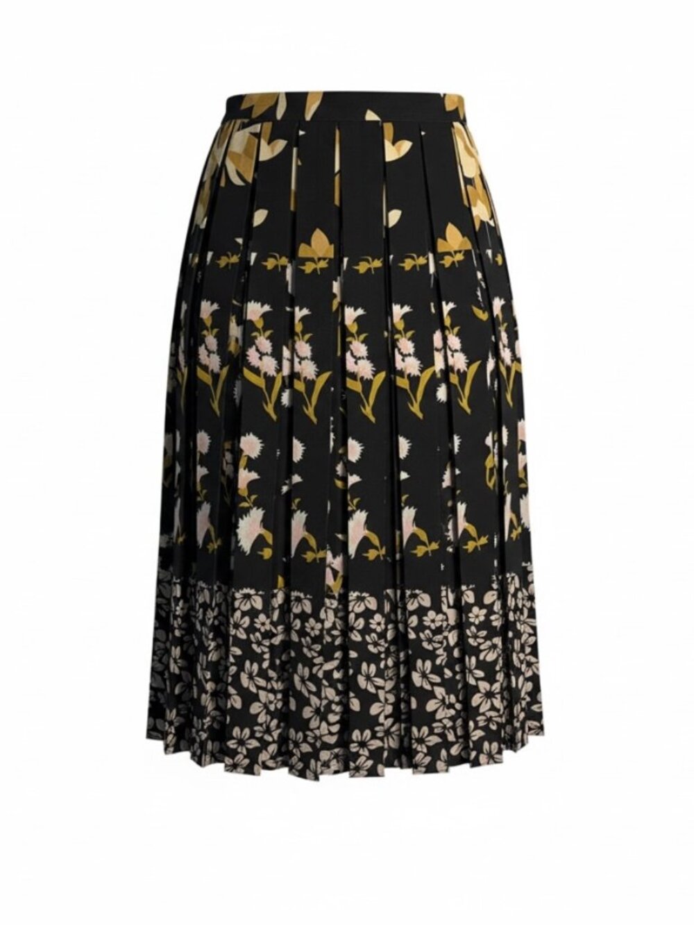 Les Compelli Pleated Floral Midi Skirt Black Mustard Pink French Size 36 US 4
